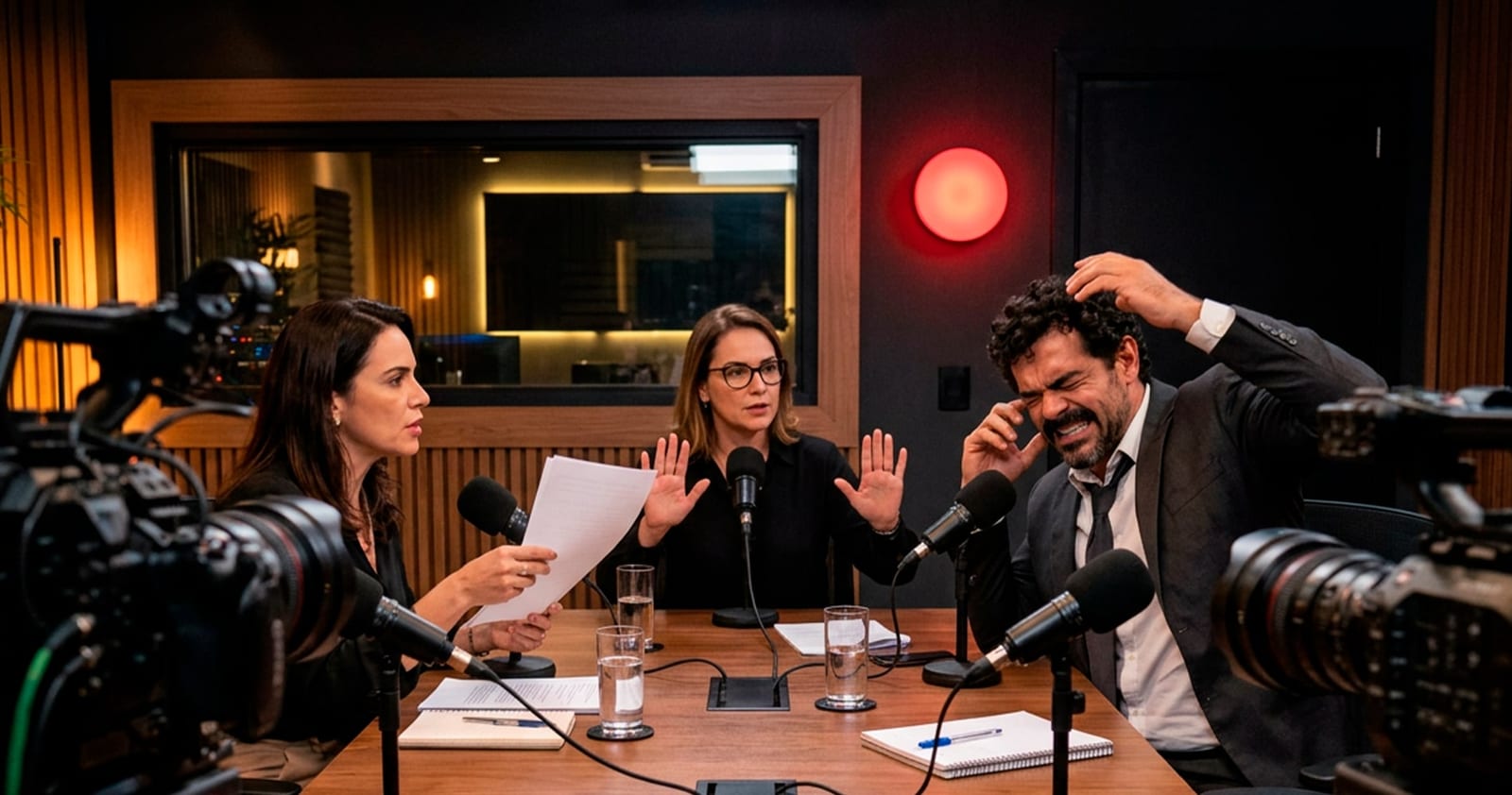 Profissional em um estúdio de gravação durante uma simulação de entrevista de media training